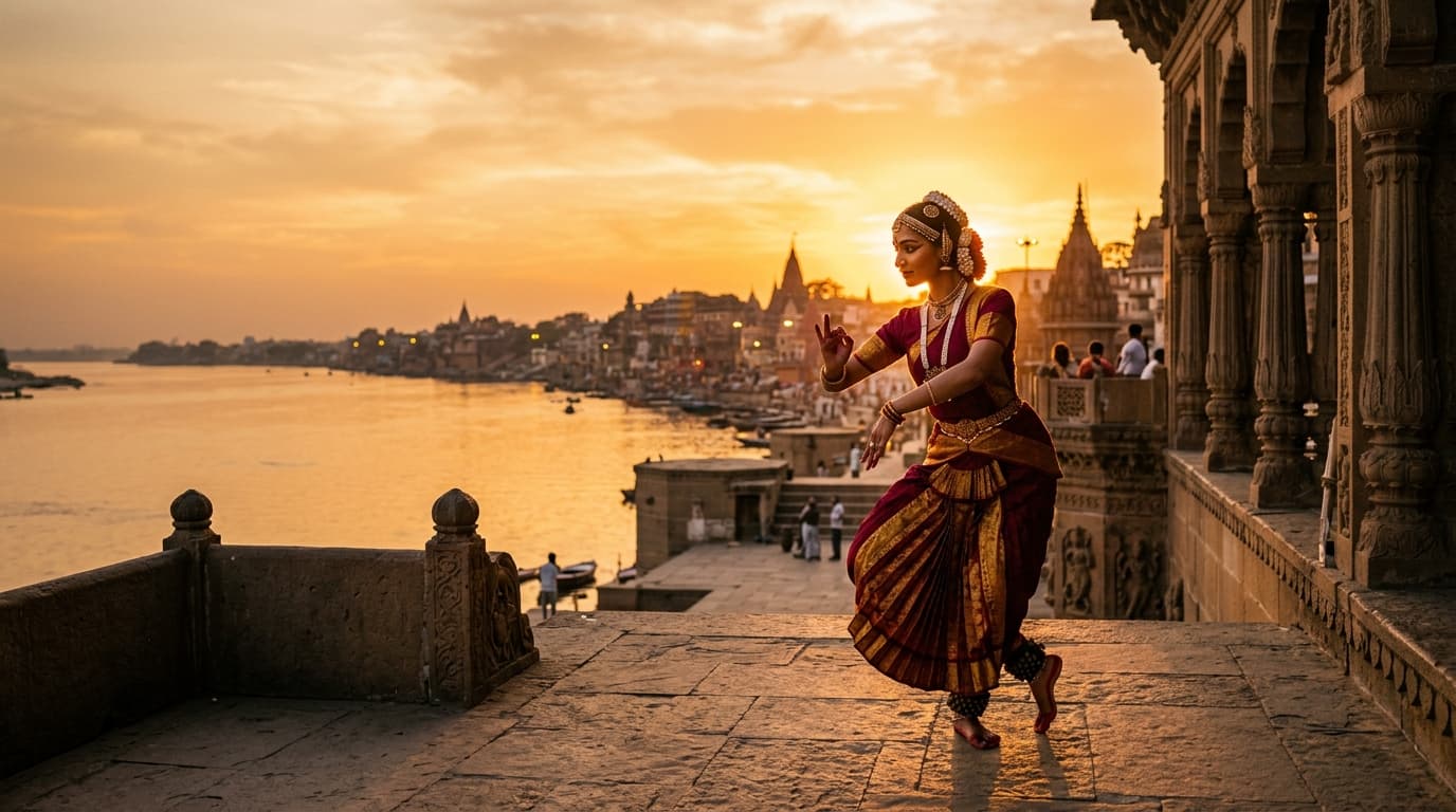 Classical Indian Bharatanatyam dancer on temple ghats overlooking sacred river at sunset