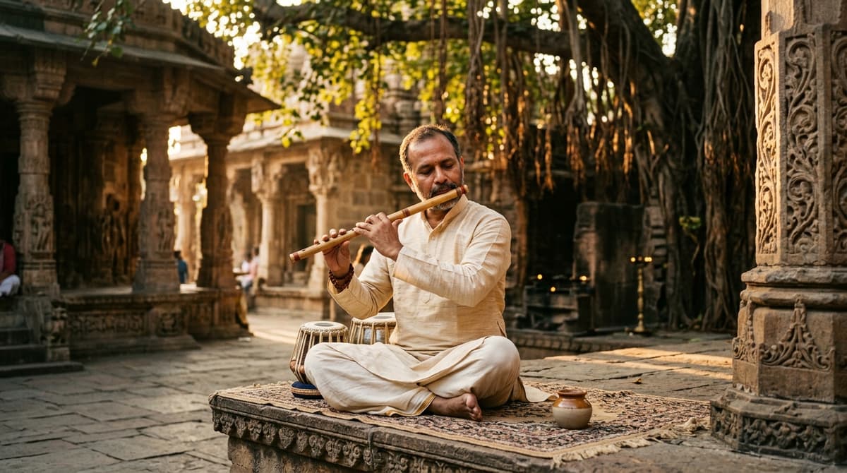 Indian classical flautist in sunlit ancient temple courtyard
