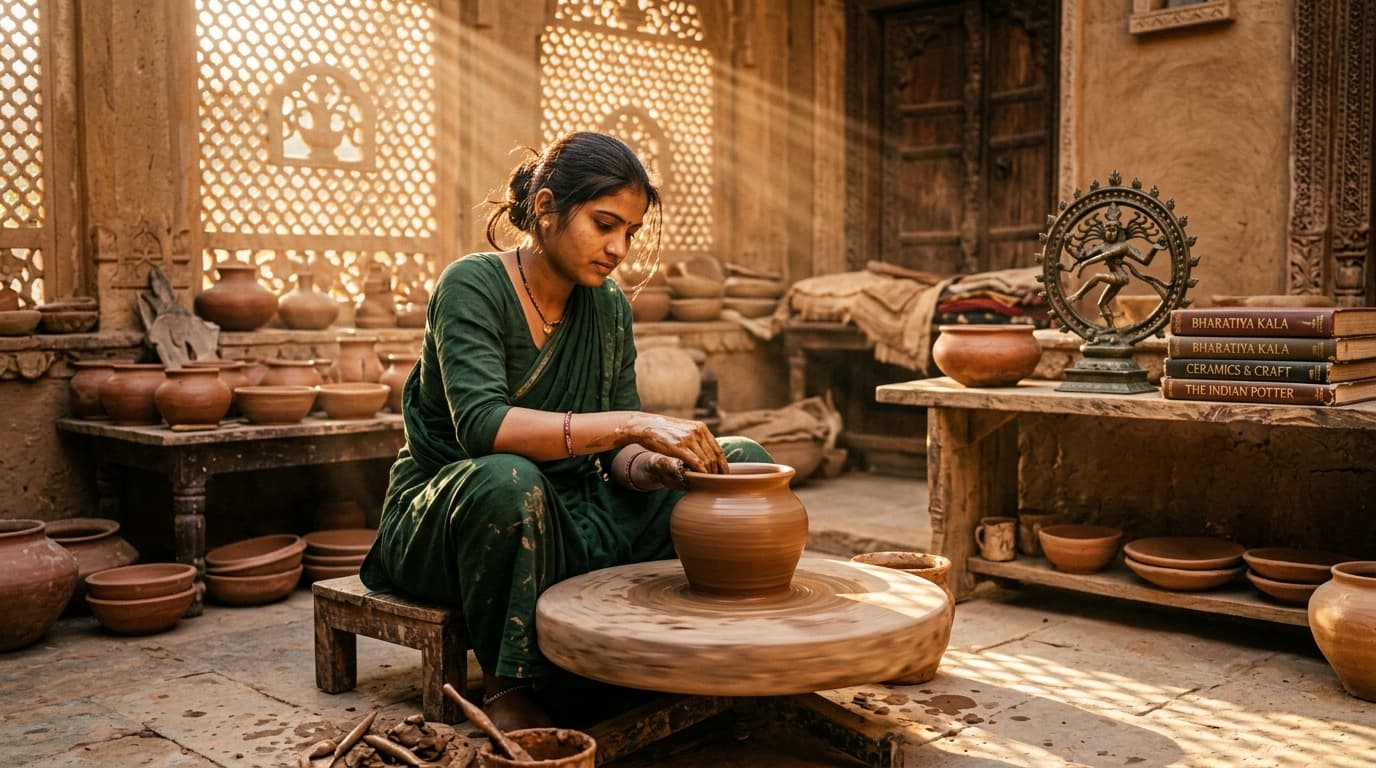 Indian woman artisan working on pottery wheel in sunlit traditional courtyard studio