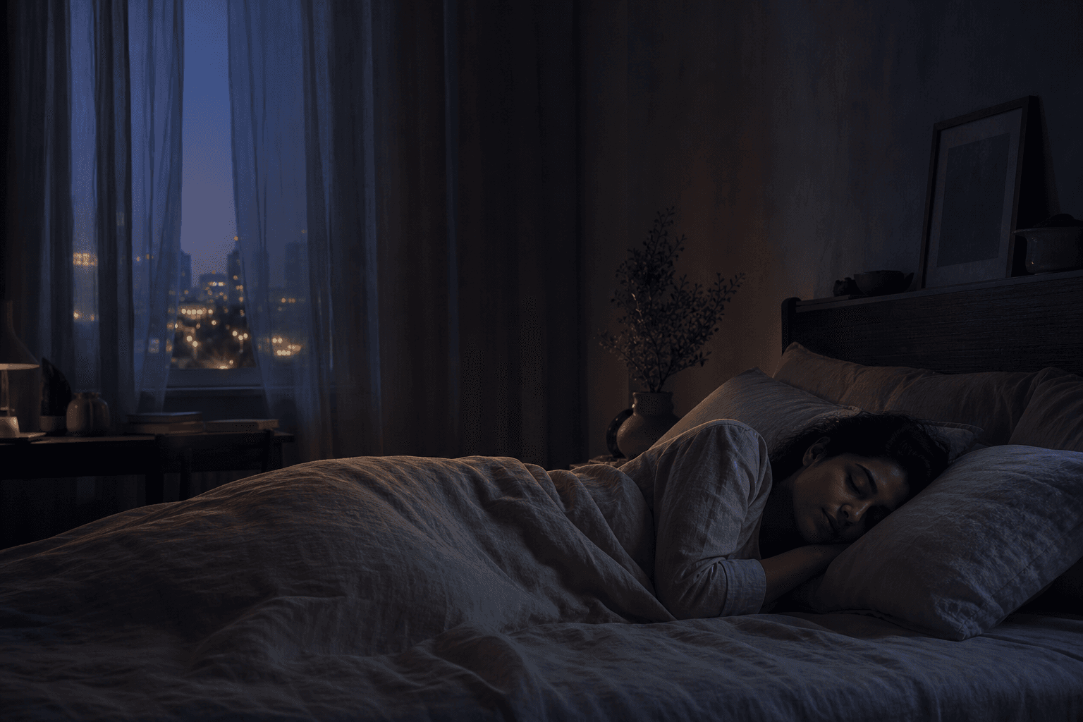 A quiet bedroom at night representing the transition from a busy day into rest